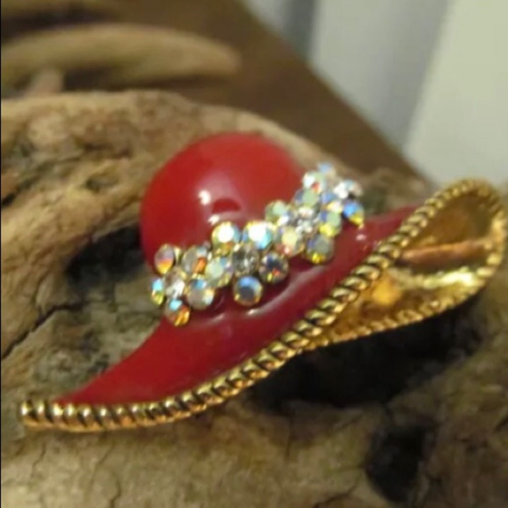 Vintage Eisenberg Red Hat Society Pin - Red enamel and borealis rhinestone pin.